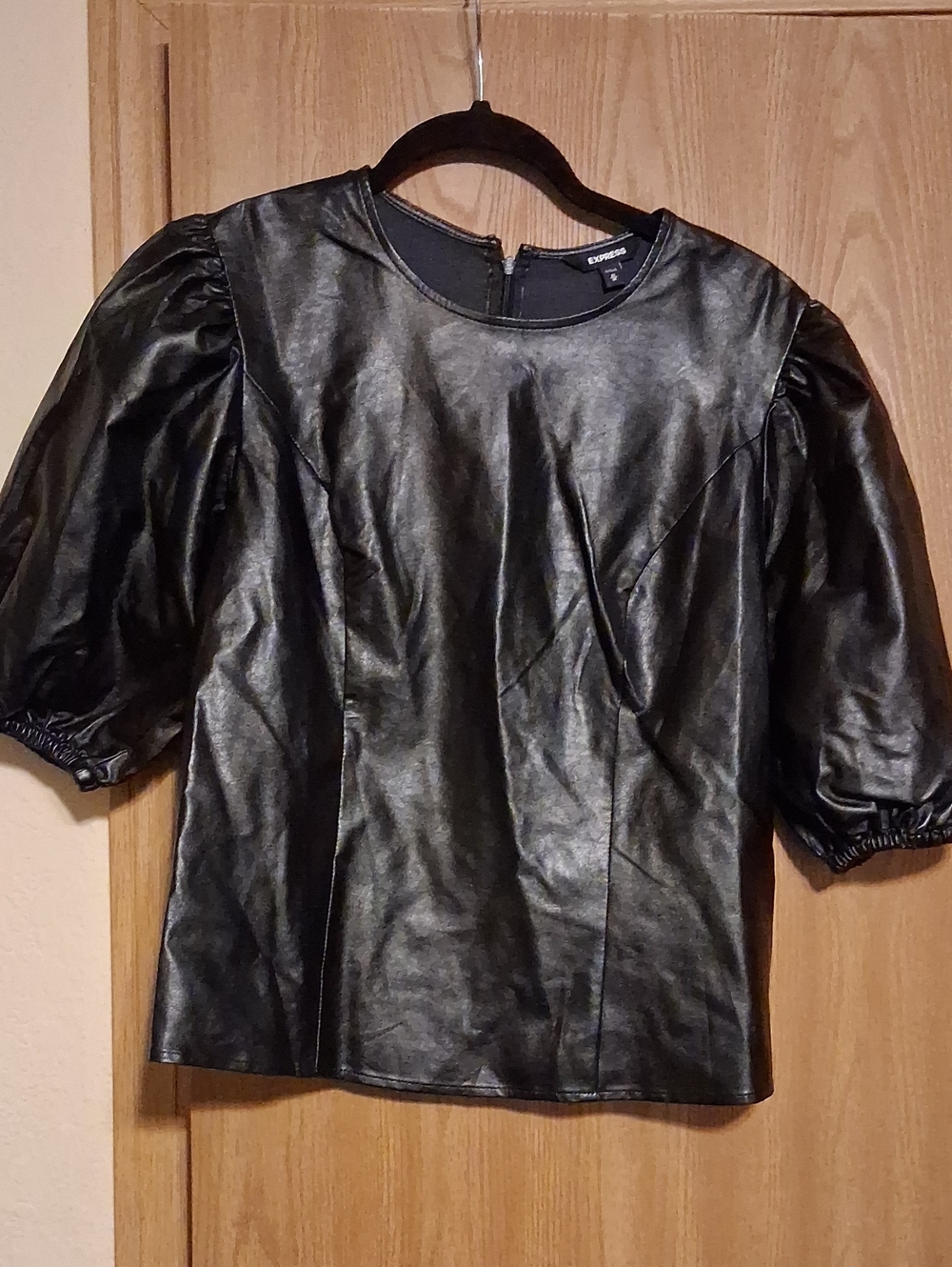 NWOT Express Black Faux-Leather Puff Sleeve Blouse SIZE MEDIUM